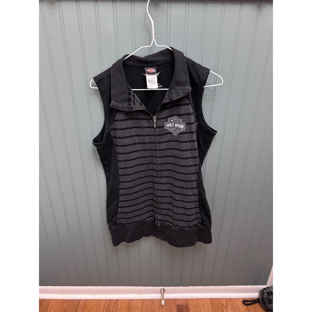 Harley Davidson Womens‎ Vest Full Zip Black Gray Stripe Logo Casual Size L